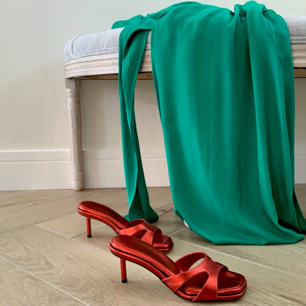 Tamara Mellon Metallic Red  Leather Padded Slip On Open Toe Mules US7 $780
